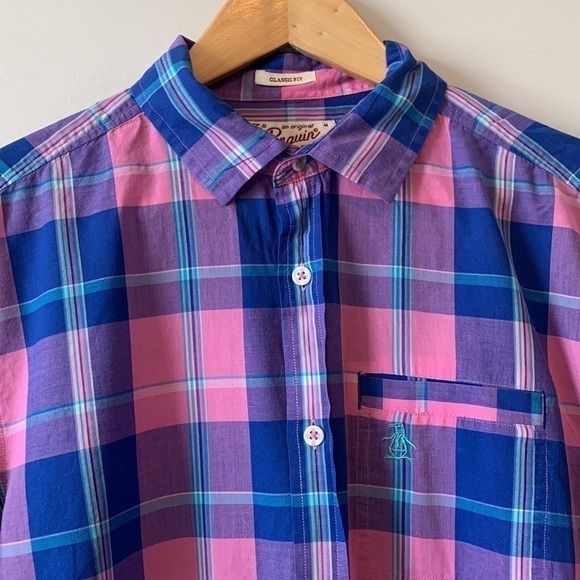 Penguin Original Classic Fit Pink Plaid Short Sleeve Shirt Size Medium - Picture 4 of 16